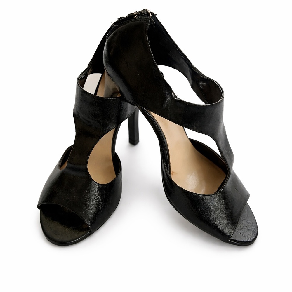 Franco Sarto Black Leather Cutout Open-Toe Heels 7.5